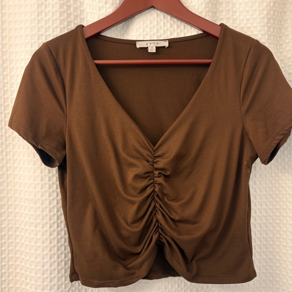 Brown Ruched V-Neck Crop Top